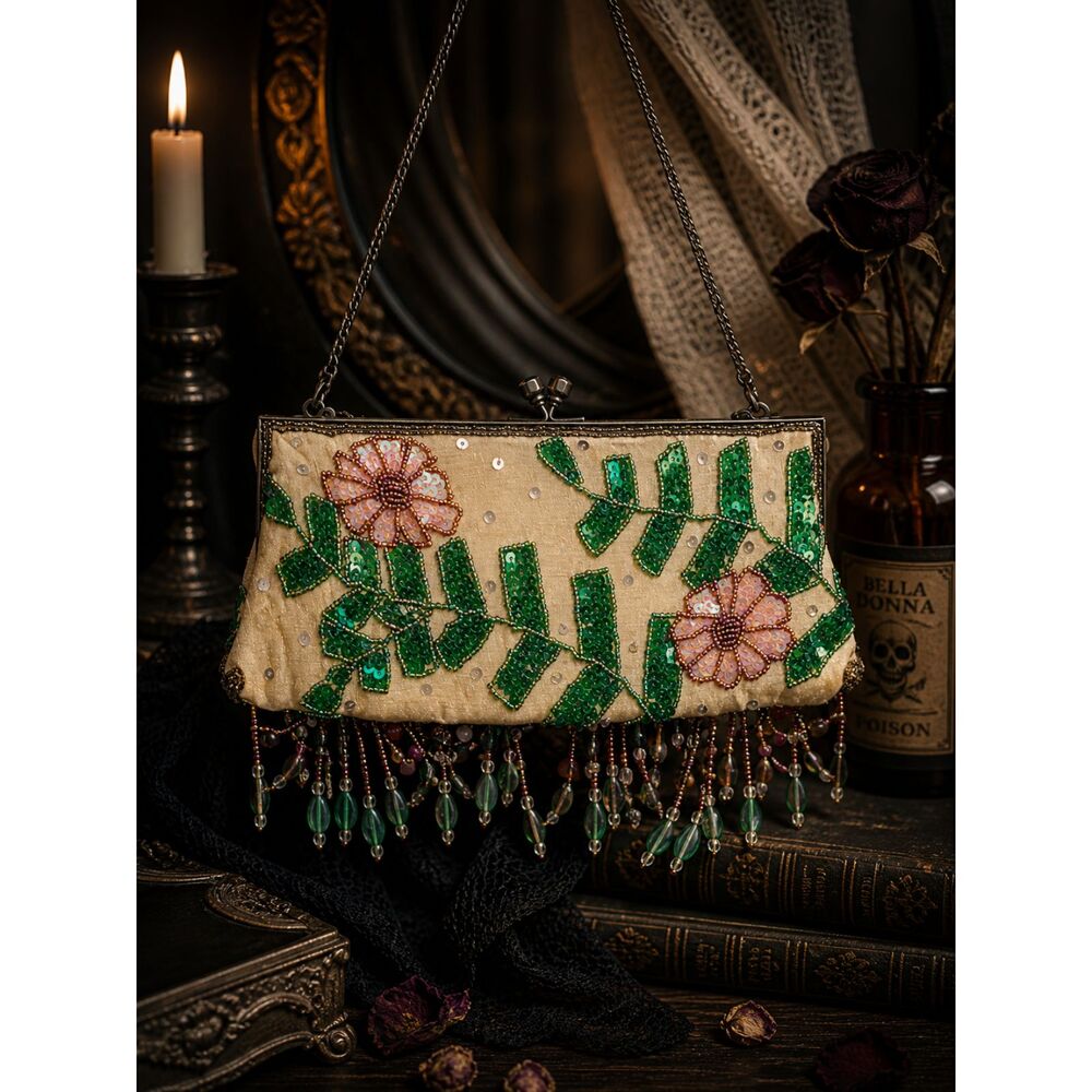 Vintage Beaded Floral Clutch Purse w Fringe Evening | Festival / Whimsy Handbag